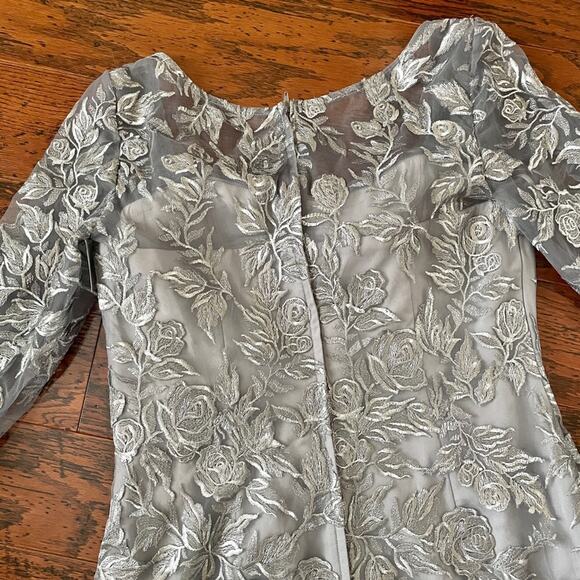 La Femme Formal Gown 3/4 Sleeves Silver Embroidered Mesh A-Line Size 14 NWT - Picture 7 of 13